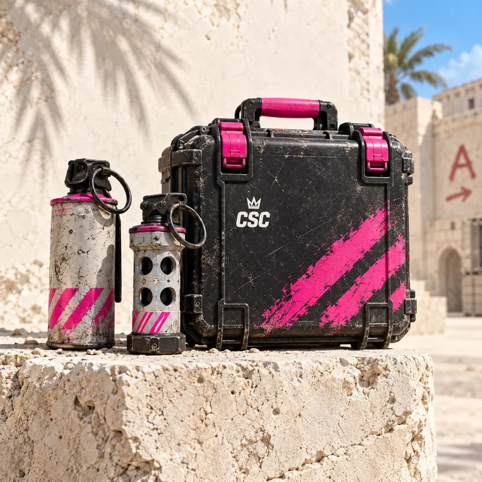 CSC utility case and pink-accented equipment on sunlit limestone