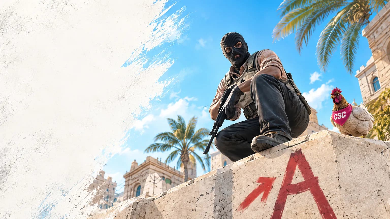 Masked Counter-Strike operative and the CSC chicken mascot on a sunlit Mirage-style ledge